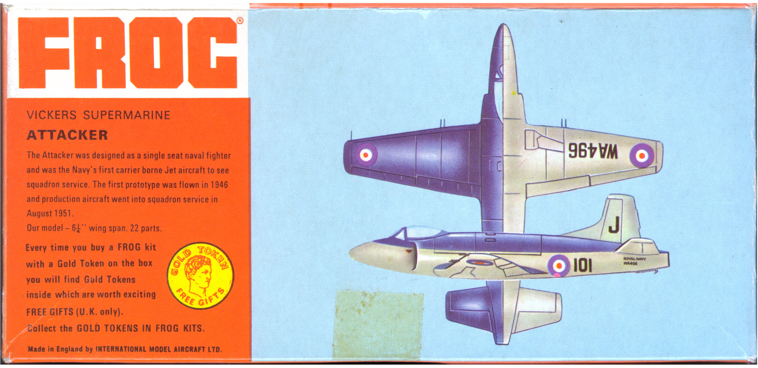 FROG F330 Vickers-Supermarine Attacker, IMA ltd, 1964, Colour painting guide on base of box